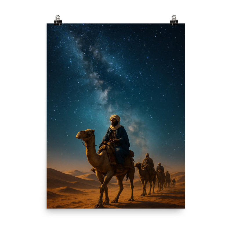 Ibn Battuta caravan beneath desert stars poster on a plain backdrop in size 8
