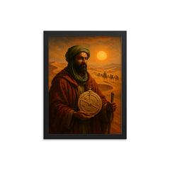 Ibn Battuta crossing Sahara with caravan astrolabe framed print on a plain backdrop in size 12"x16".