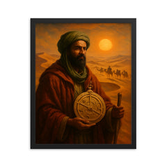 Ibn Battuta crossing Sahara with caravan astrolabe framed print on a plain backdrop in size 16"x20".