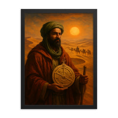 Ibn Battuta crossing Sahara with caravan astrolabe framed print on a plain backdrop in size 18"x24".