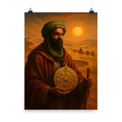 Ibn Battuta crossing Sahara with caravan astrolabe poster on a plain backdrop in size 8"x10".