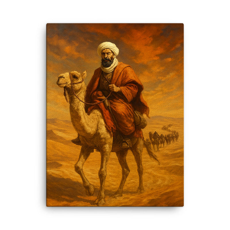 Ibn Battuta crossing Saharan caravan route canvas print on a plain backdrop in size 18