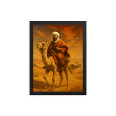 Ibn Battuta crossing Saharan caravan route framed print on a plain backdrop in size 12"x16".