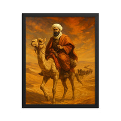 Ibn Battuta crossing Saharan caravan route framed print on a plain backdrop in size 16"x20".