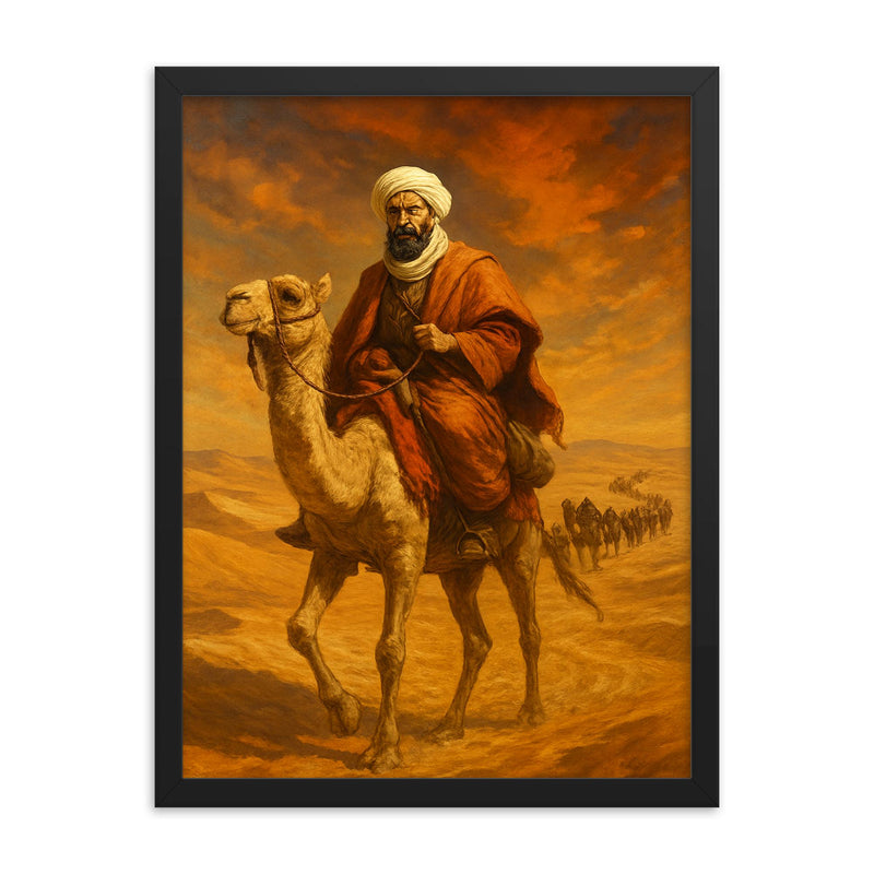 Ibn Battuta crossing Saharan caravan route framed print on a plain backdrop in size 18