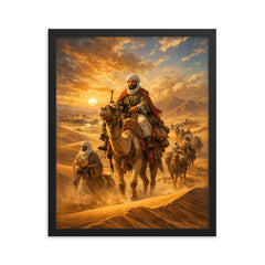 Ibn Battuta crossing Saharan dunes caravan framed print on a plain backdrop in size 16"x20".