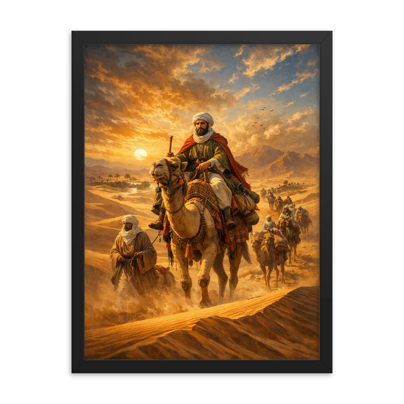 Ibn Battuta crossing Saharan dunes caravan framed print on a plain backdrop in size 18