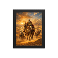 Ibn Battuta crossing Saharan dunes caravan framed print on a plain backdrop in size 8"x10".