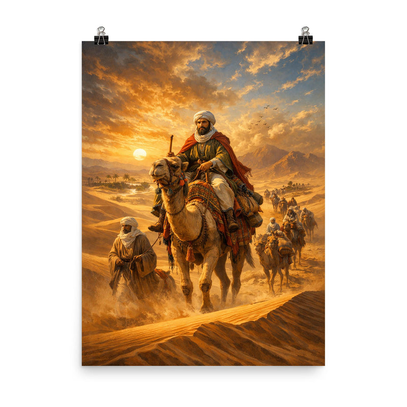 Ibn Battuta crossing Saharan dunes caravan poster on a plain backdrop in size 8