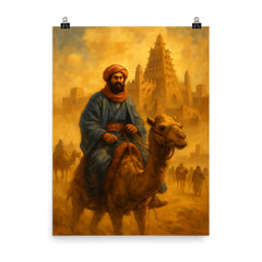 Ibn Battuta entering Timbuktu beneath caravan dust poster on a plain backdrop in size 8"x10".