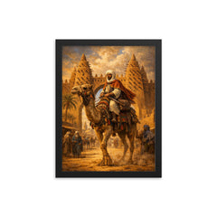 Ibn Battuta on camel at Timbuktu gate framed print on a plain backdrop in size 12"x16".