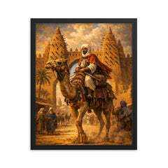 Ibn Battuta on camel at Timbuktu gate framed print on a plain backdrop in size 16"x20".