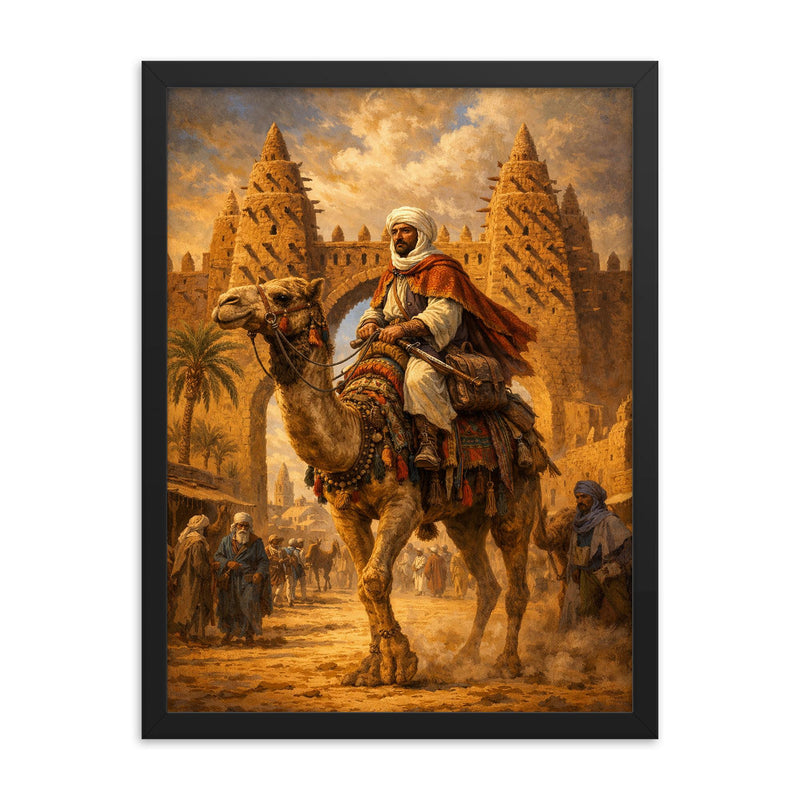 Ibn Battuta on camel at Timbuktu gate framed print on a plain backdrop in size 18