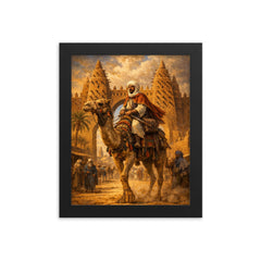 Ibn Battuta on camel at Timbuktu gate framed print on a plain backdrop in size 8"x10".