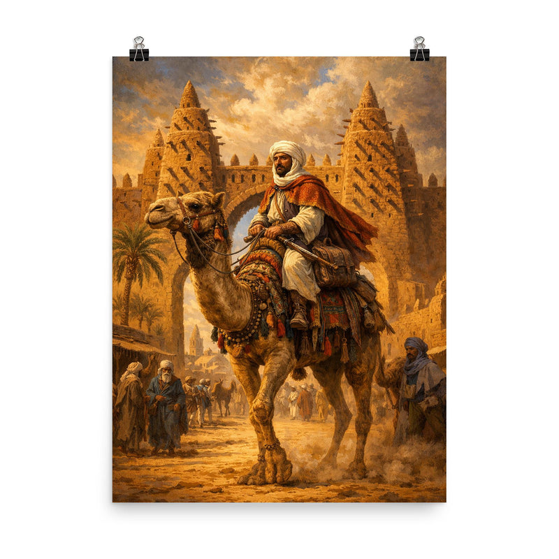 Ibn Battuta on camel at Timbuktu gate poster on a plain backdrop in size 8