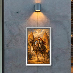 Ibn Battuta on camel at Timbuktu gate poster 2