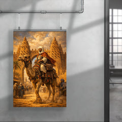 Ibn Battuta on camel at Timbuktu gate poster 4