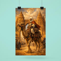 Ibn Battuta on camel at Timbuktu gate poster 6