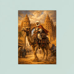 Ibn Battuta on camel at Timbuktu gate poster 8