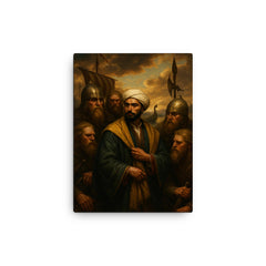 Ibn Fadlan among Volga Rus traders canvas print on a plain backdrop in size 12"x16".