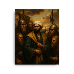 Ibn Fadlan among Volga Rus traders canvas print on a plain backdrop in size 16"x20".