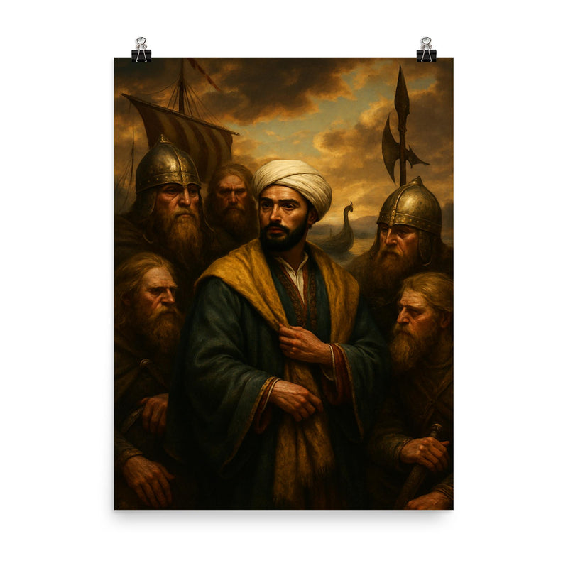 Ibn Fadlan among Volga Rus traders poster on a plain backdrop in size 8