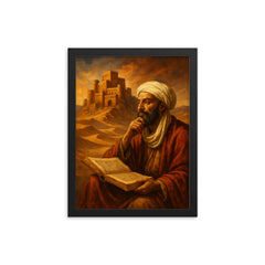 Ibn Khaldun before desert citadel and manuscript framed print on a plain backdrop in size 12"x16".
