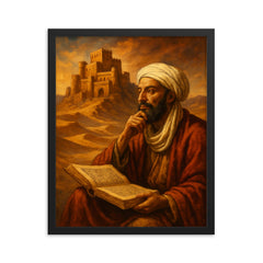 Ibn Khaldun before desert citadel and manuscript framed print on a plain backdrop in size 16"x20".
