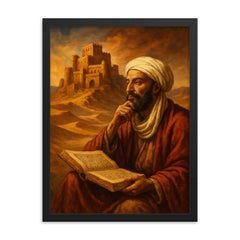 Ibn Khaldun before desert citadel and manuscript framed print on a plain backdrop in size 18"x24".