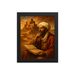 Ibn Khaldun before desert citadel and manuscript framed print on a plain backdrop in size 8"x10".