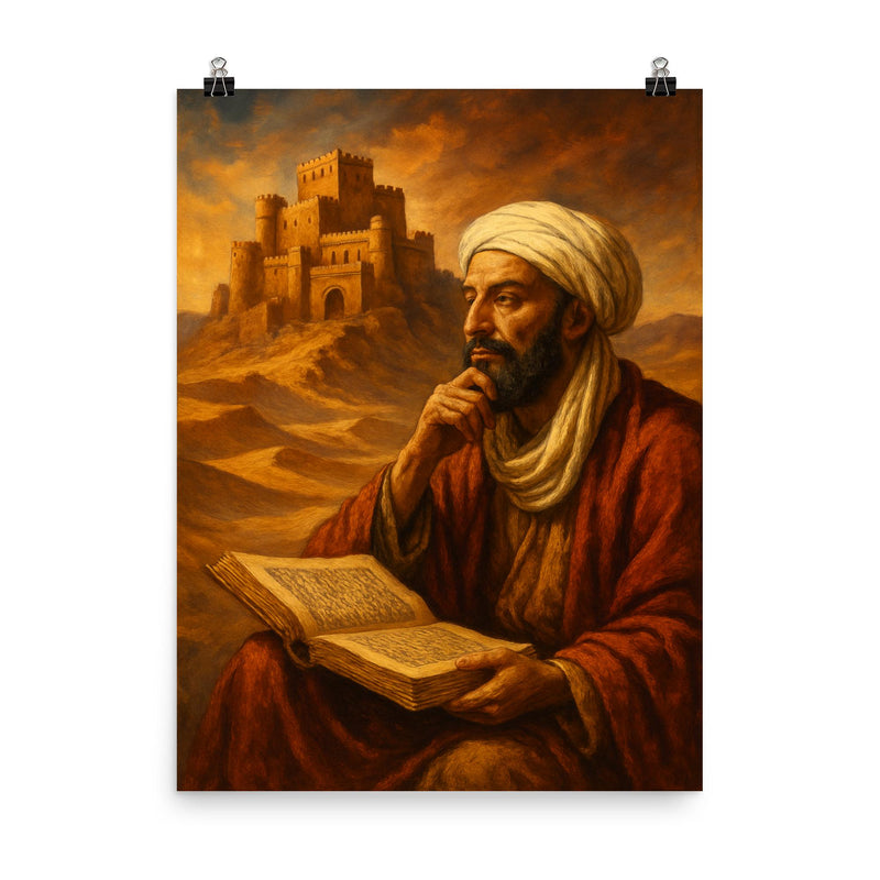 Ibn Khaldun before desert citadel and manuscript poster on a plain backdrop in size 8