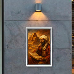 Ibn Khaldun before desert citadel and manuscript poster 2