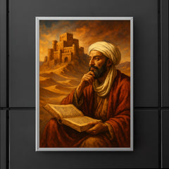 Ibn Khaldun before desert citadel and manuscript poster 5