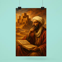Ibn Khaldun before desert citadel and manuscript poster 6