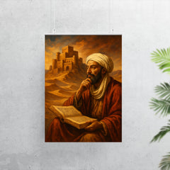 Ibn Khaldun before desert citadel and manuscript poster 7