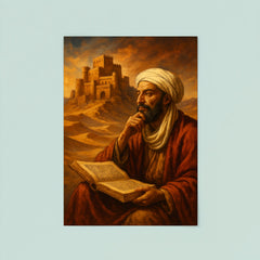 Ibn Khaldun before desert citadel and manuscript poster 8