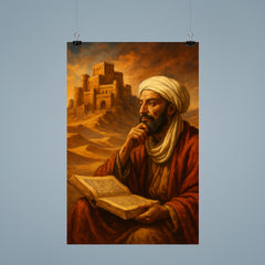 Ibn Khaldun before desert citadel and manuscript poster 9