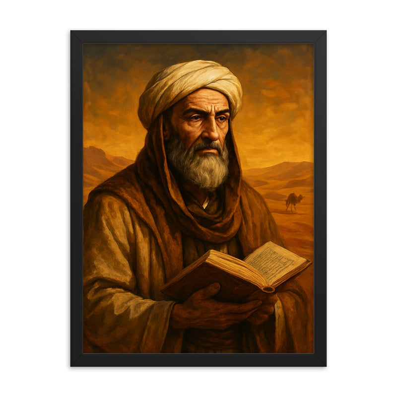 Ibn Khaldun desert scholar portrait framed print on a plain backdrop in size 18