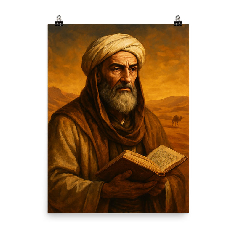 Ibn Khaldun desert scholar portrait poster on a plain backdrop in size 8