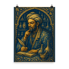 Ibn Sina in apothecary blue and gold poster on a plain backdrop in size 8"x10".