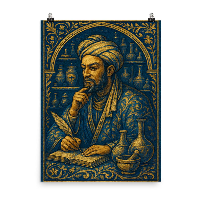 Ibn Sina in apothecary blue and gold poster on a plain backdrop in size 8