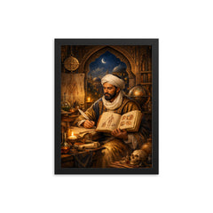 Ibn Sina in illuminated medical study framed print on a plain backdrop in size 12"x16".