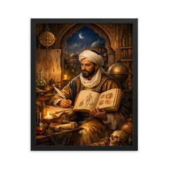Ibn Sina in illuminated medical study framed print on a plain backdrop in size 16"x20".