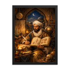 Ibn Sina in illuminated medical study framed print on a plain backdrop in size 18"x24".