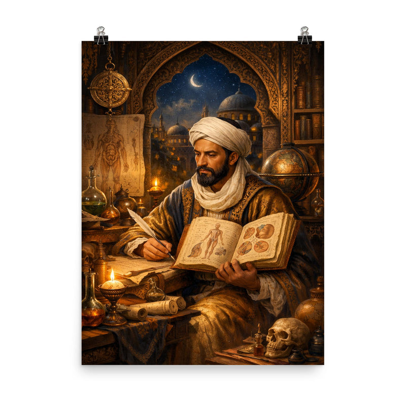 Ibn Sina in illuminated medical study poster on a plain backdrop in size 8