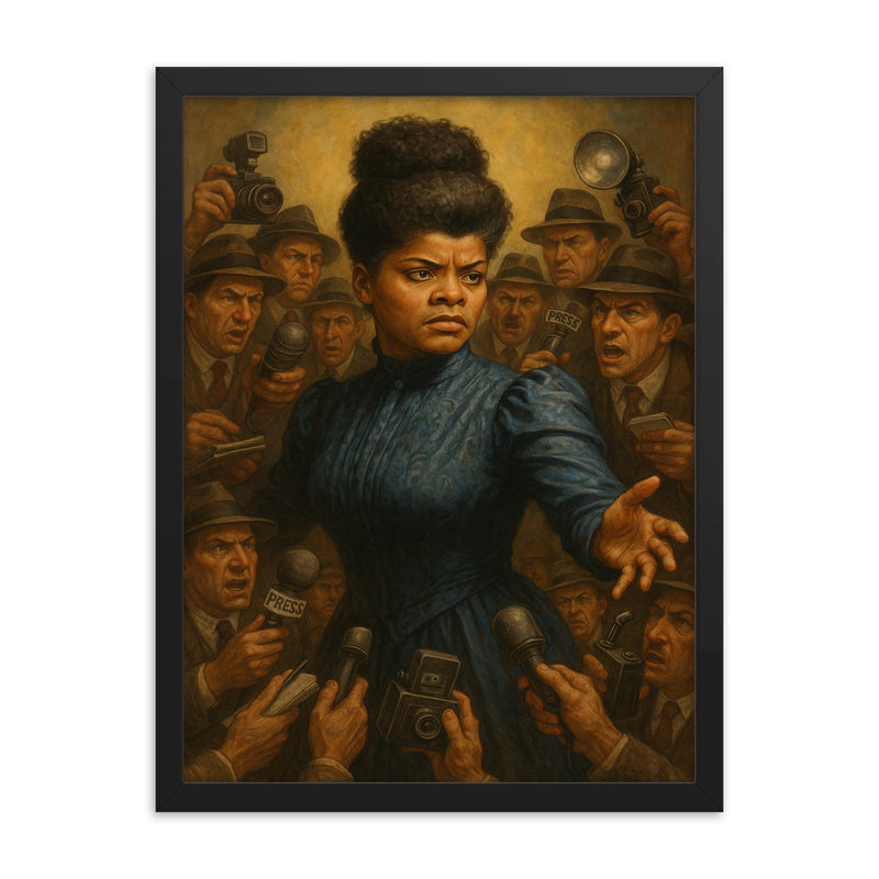 Ida B Wells confronting the press mob framed print on a plain backdrop in size 18