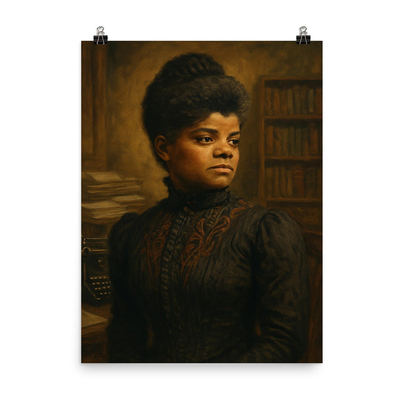 Ida B Wells press room portrait poster on a plain backdrop in size 8