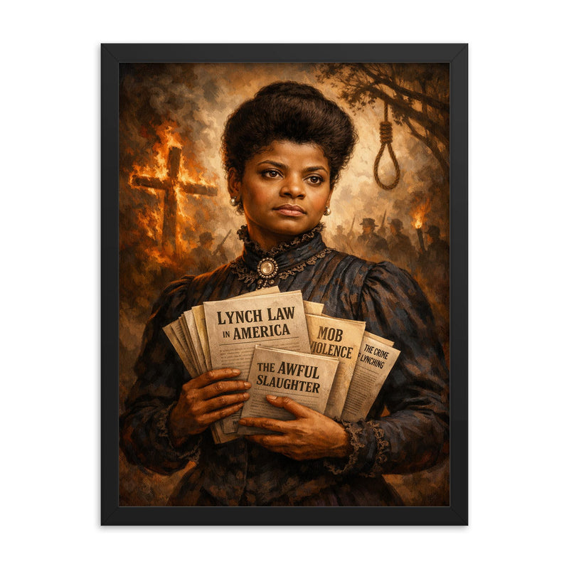 Ida B Wells with anti lynching pamphlets framed print on a plain backdrop in size 18
