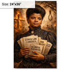 Ida B Wells with anti lynching pamphlets metal print on a plain backdrop in size 24"x36".