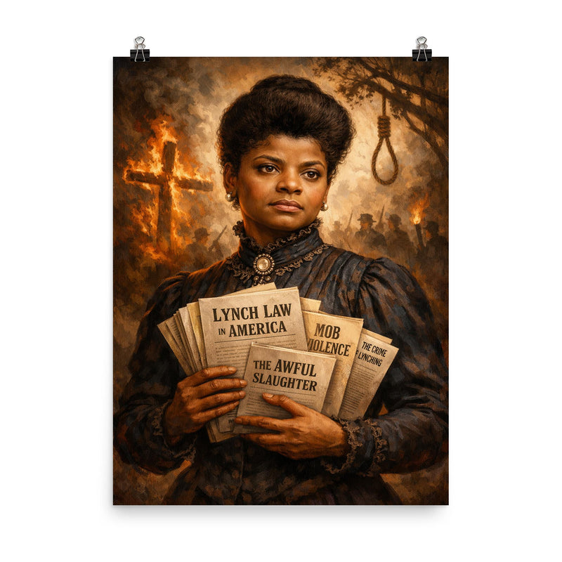 Ida B Wells with anti lynching pamphlets poster on a plain backdrop in size 8
